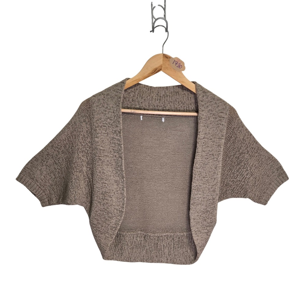 Vintage Y2K Shrug Bolero Sweater Taupe Marled Knit Short Sleeve Cropped Open
